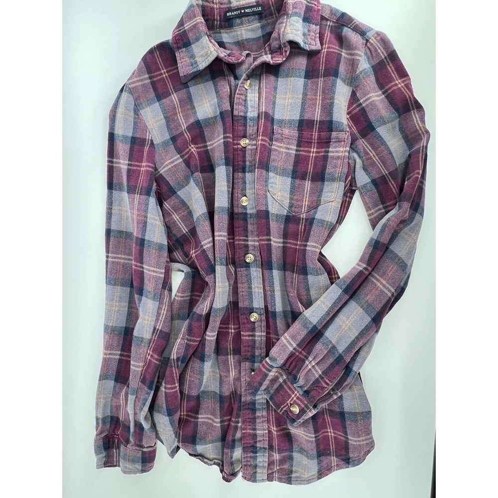 Brandy Melville Plaid Flannel Button Down Shirt Purple Grey Long Sleeve One Size